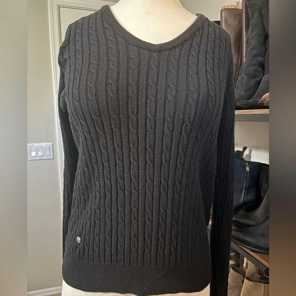 Daily Sports Black V-Neck Cable Knit Sweater. Cotton with a touch of Cashmere. - Picture 3 of 13